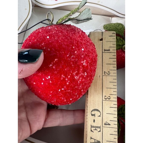 Set Of 5 Pyramid Red Crystal Sugar Apple Christmas Ornaments With Green Leaves - Picture 3 of 3